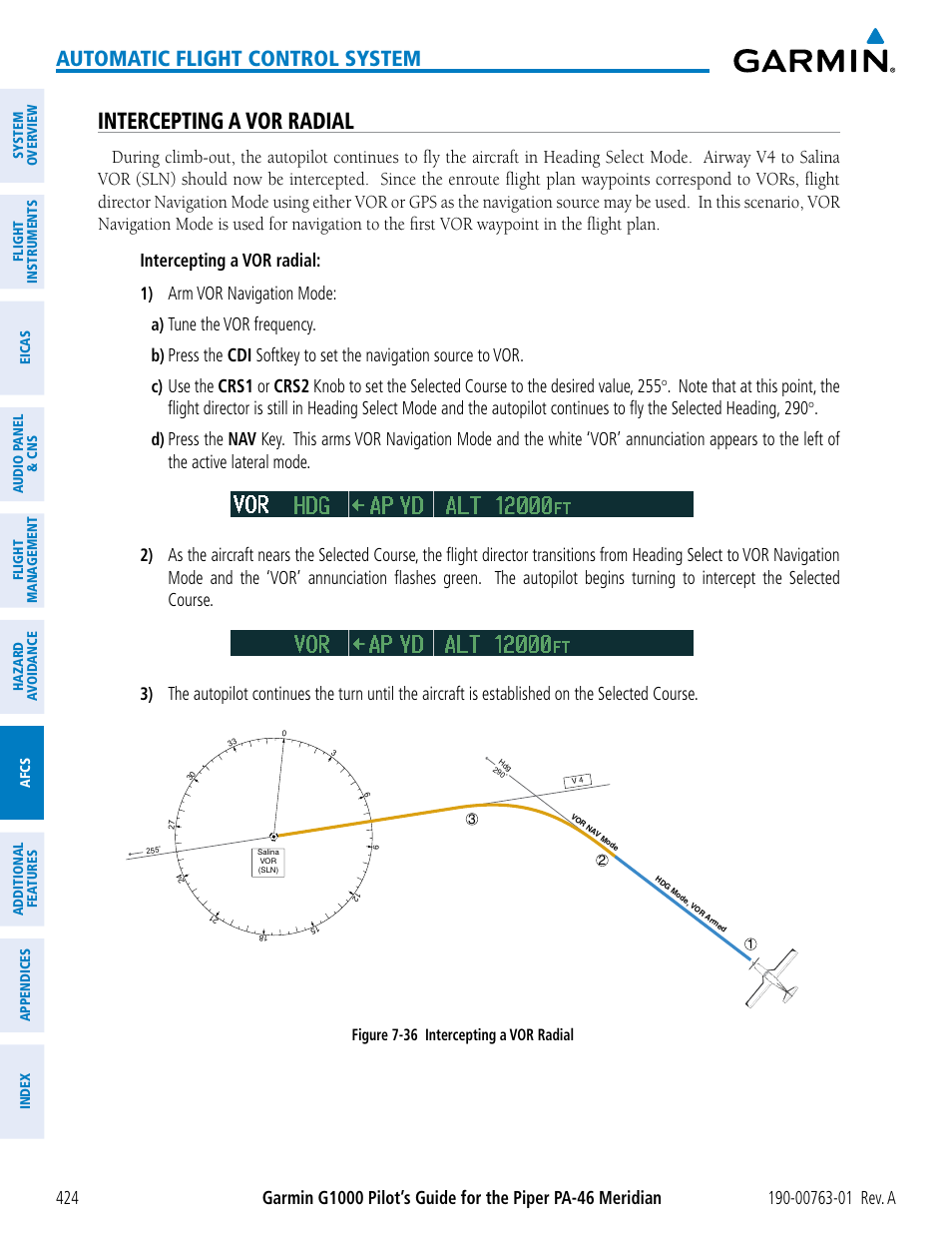 Intercepting a vor radial, Automatic flight control system, Arm vor navigation mode | Tune the vor frequency | Garmin G1000 Piper PA-46 Meridian User Manual | Page 438 / 572