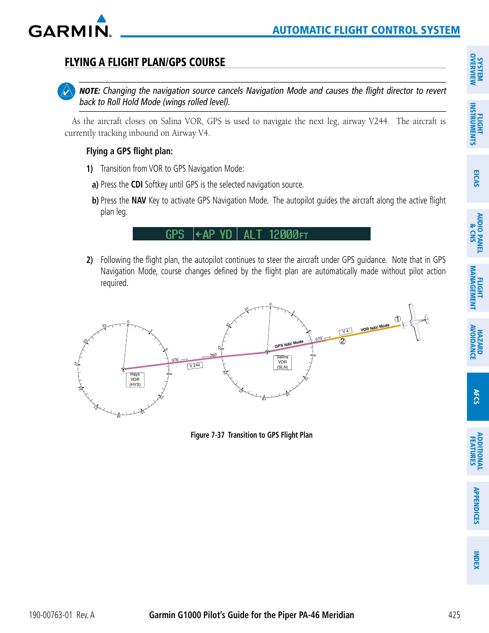 Flying a flight plan/gps course, Automatic flight control system, Transition from vor to gps navigation mode | Figure 7-37 transition to gps flight plan | Garmin G1000 Piper PA-46 Meridian User Manual | Page 439 / 572