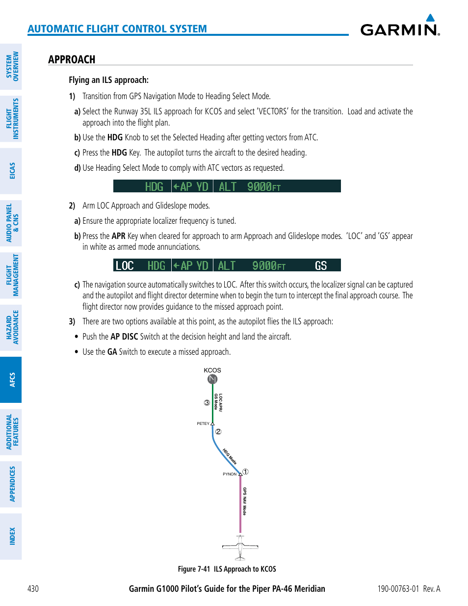 Approach, Automatic flight control system, Flying an ils approach | Arm loc approach and glideslope modes, Use the ga switch to execute a missed approach | Garmin G1000 Piper PA-46 Meridian User Manual | Page 444 / 572