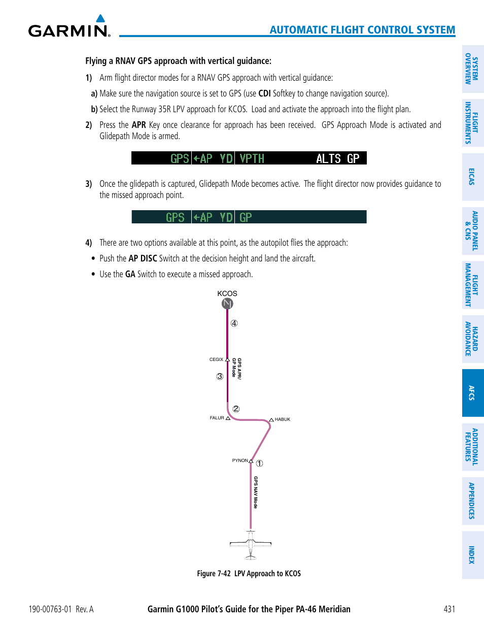 Automatic flight control system, Flying a rnav gps approach with vertical guidance, Use the ga switch to execute a missed approach | Garmin G1000 Piper PA-46 Meridian User Manual | Page 445 / 572