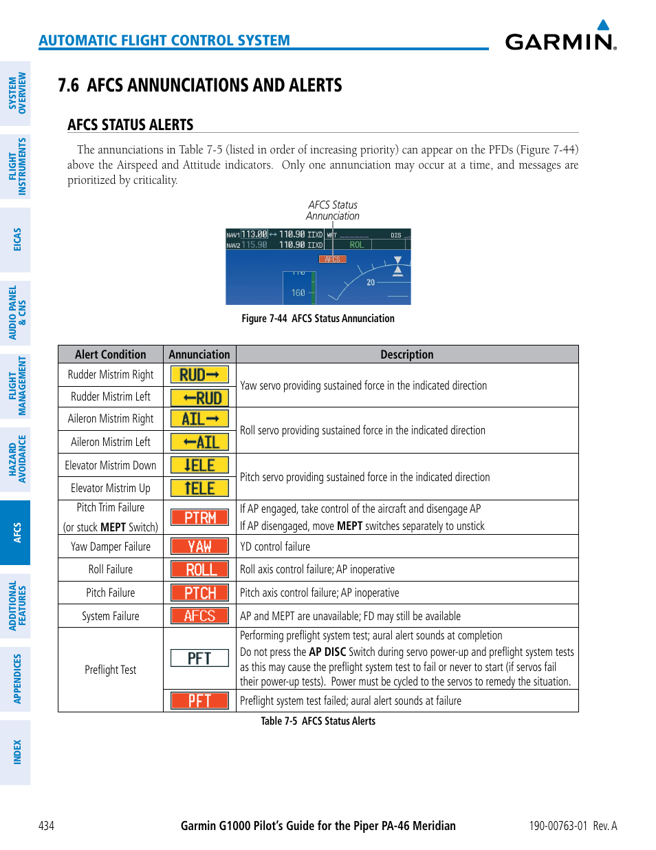 6 afcs annunciations and alerts, Afcs status alerts, Automatic flight control system | Garmin G1000 Piper PA-46 Meridian User Manual | Page 448 / 572