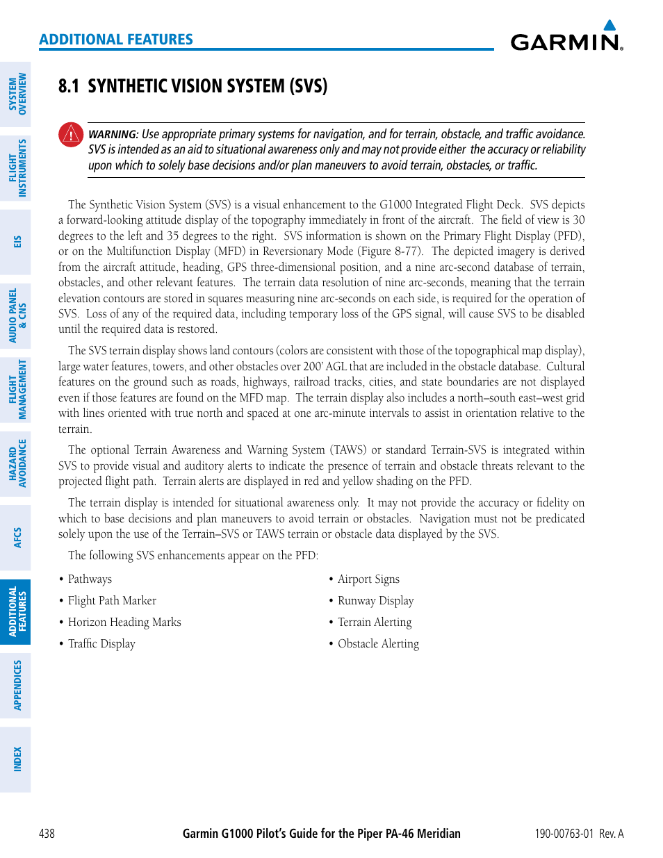 1 synthetic vision system (svs), Additional features | Garmin G1000 Piper PA-46 Meridian User Manual | Page 452 / 572