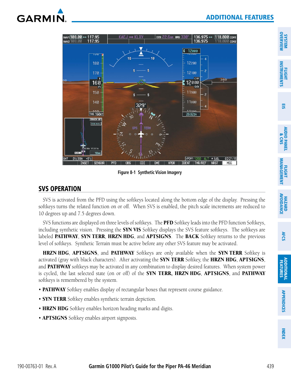 Svs operation, Additional features | Garmin G1000 Piper PA-46 Meridian User Manual | Page 453 / 572