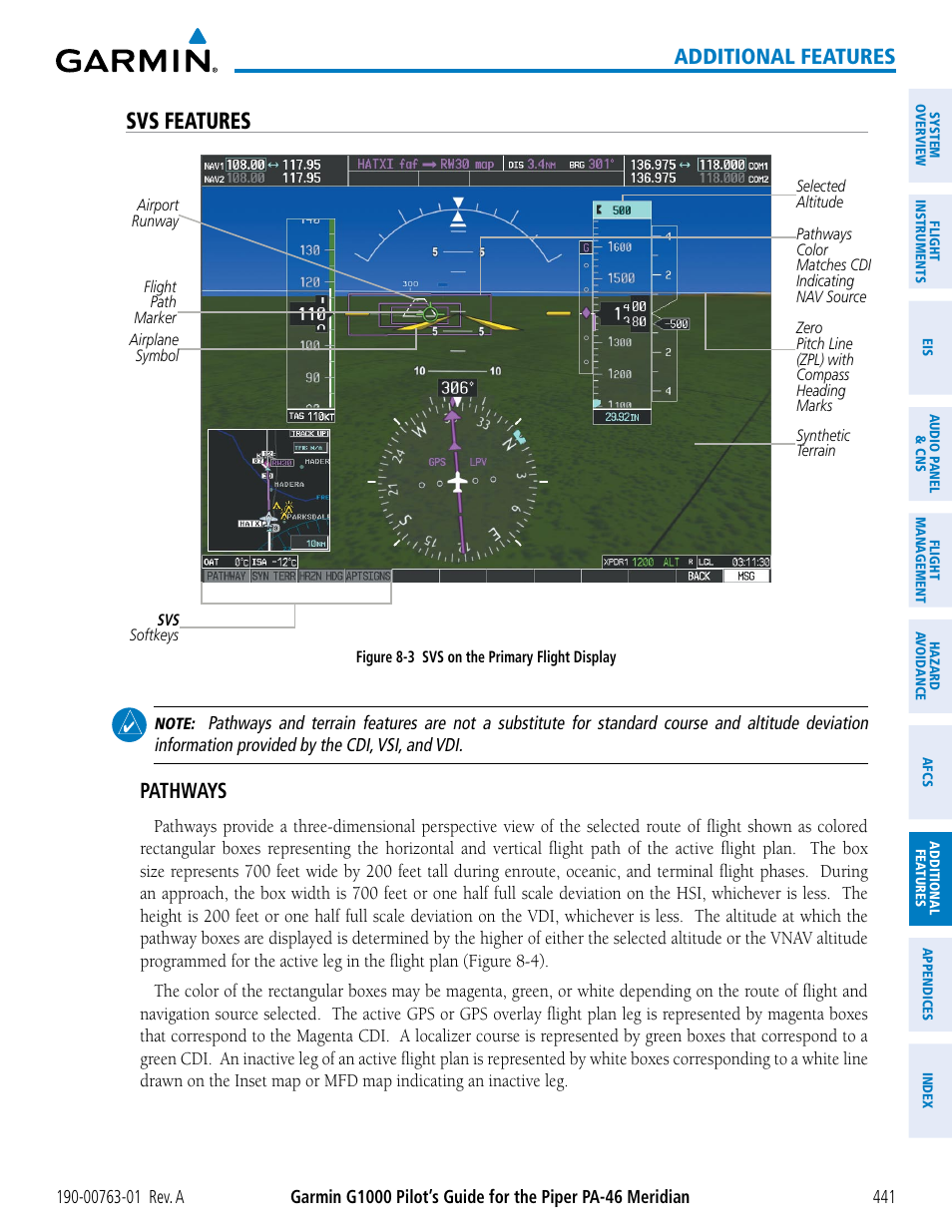 Svs features, Additional features, Pathways | Garmin G1000 Piper PA-46 Meridian User Manual | Page 455 / 572