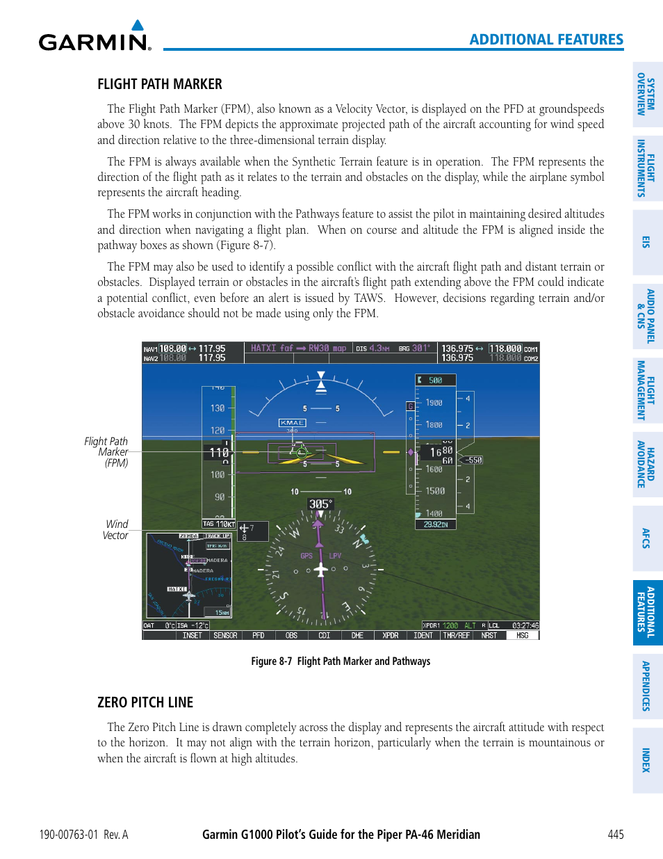 Additional features, Flight path marker, Zero pitch line | Garmin G1000 Piper PA-46 Meridian User Manual | Page 459 / 572