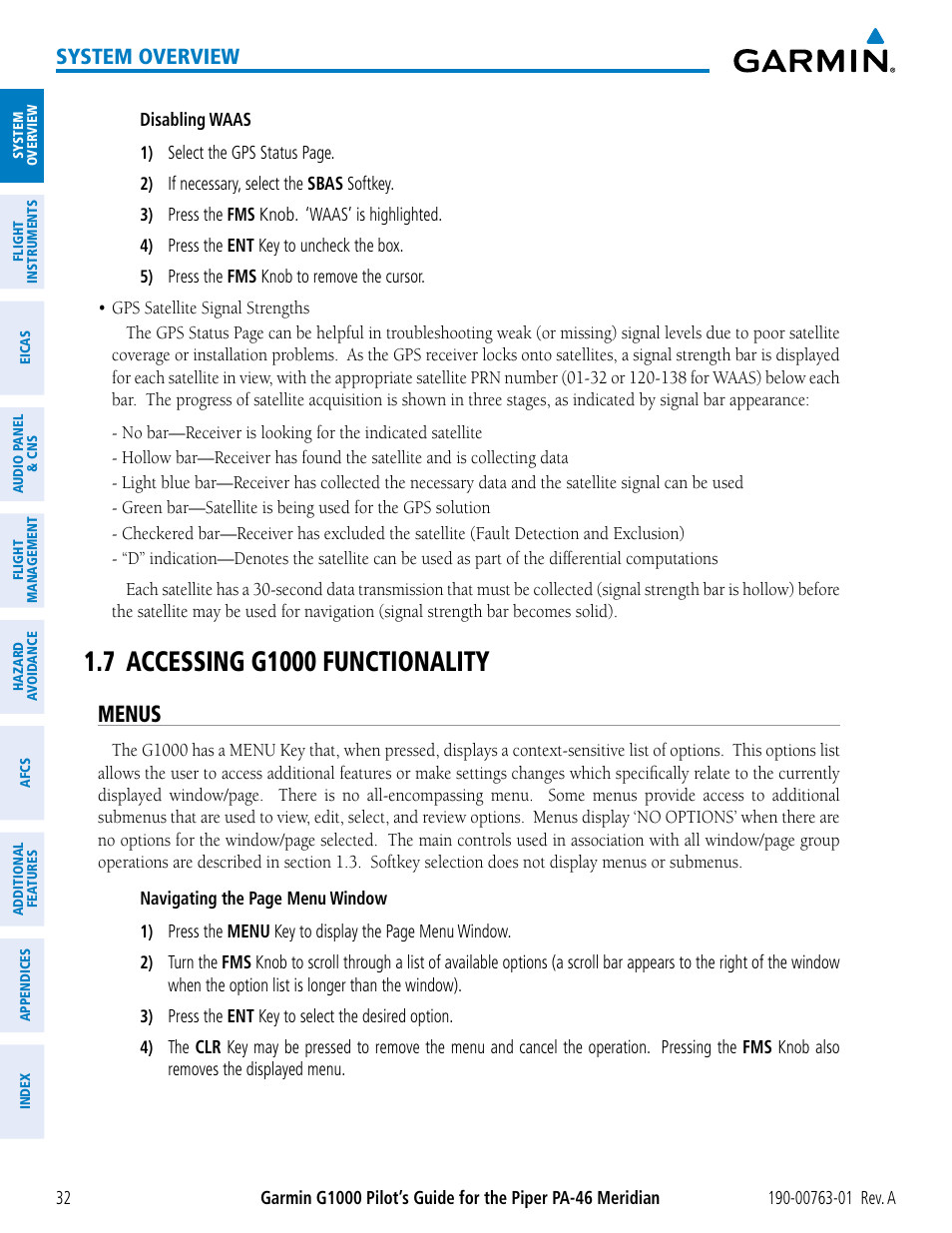 7 accessing g1000 functionality, Menus, System overview | Garmin G1000 Piper PA-46 Meridian User Manual | Page 46 / 572