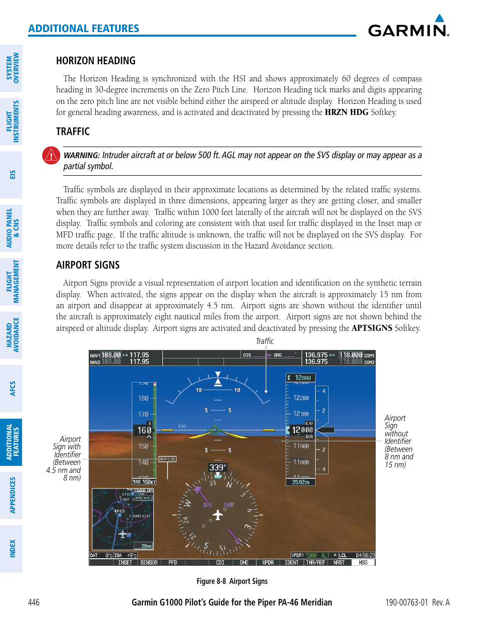 Additional features, Horizon heading, Traffic | Airport signs | Garmin G1000 Piper PA-46 Meridian User Manual | Page 460 / 572