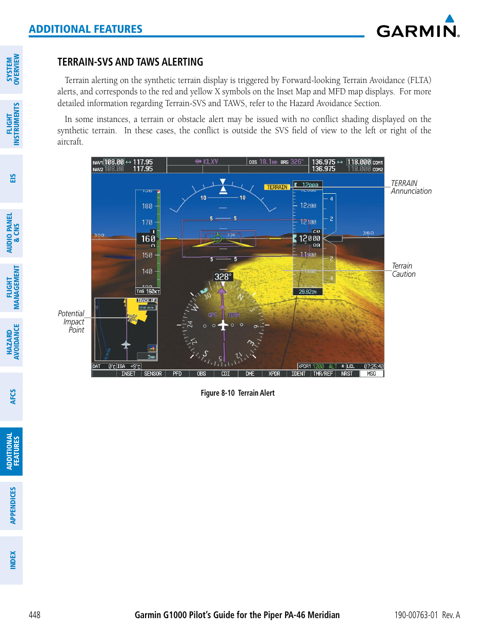 Additional features, Terrain-svs and taws alerting | Garmin G1000 Piper PA-46 Meridian User Manual | Page 462 / 572