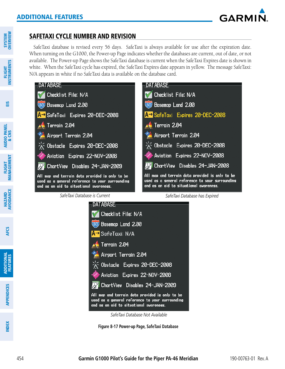 Safetaxi cycle number and revision, Additional features | Garmin G1000 Piper PA-46 Meridian User Manual | Page 468 / 572