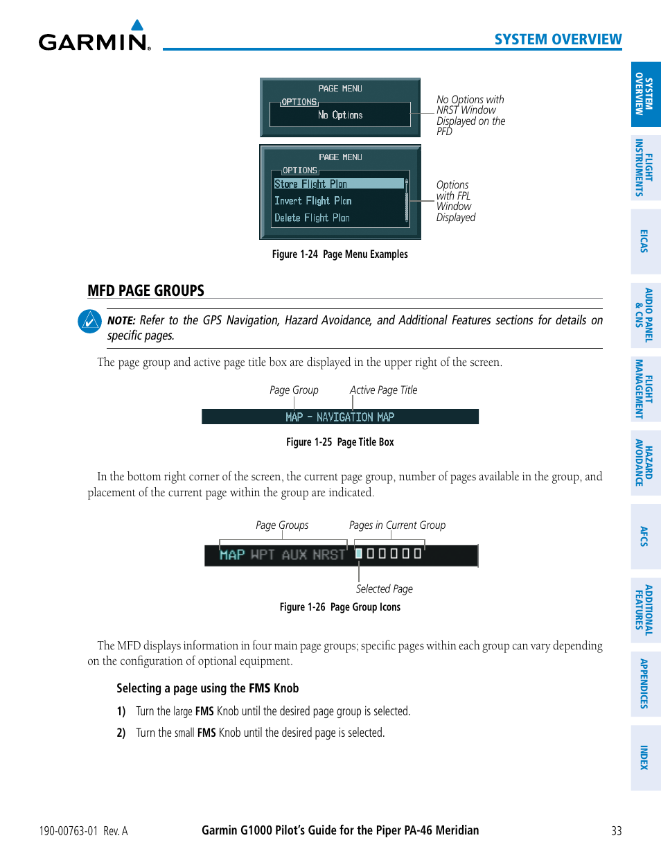 Mfd page groups, System overview | Garmin G1000 Piper PA-46 Meridian User Manual | Page 47 / 572