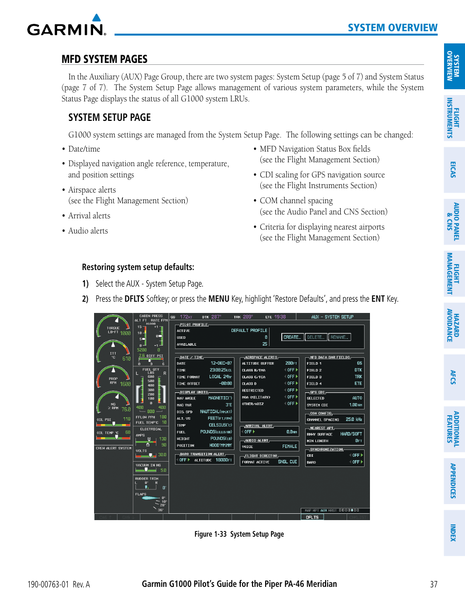 Mfd system pages, System overview, System setup page | Garmin G1000 Piper PA-46 Meridian User Manual | Page 51 / 572