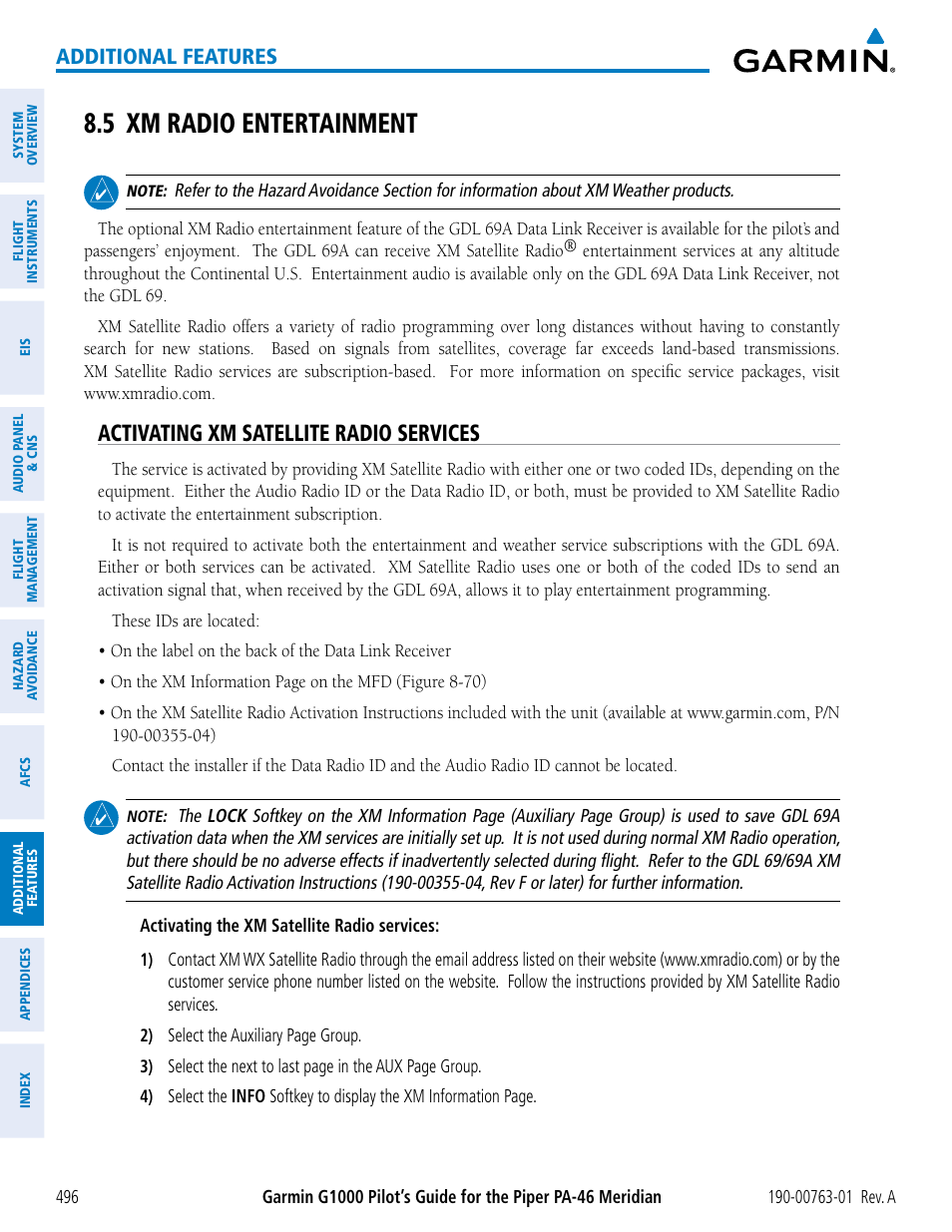 5 xm radio entertainment, Activating xm satellite radio services, Additional features | Garmin G1000 Piper PA-46 Meridian User Manual | Page 510 / 572