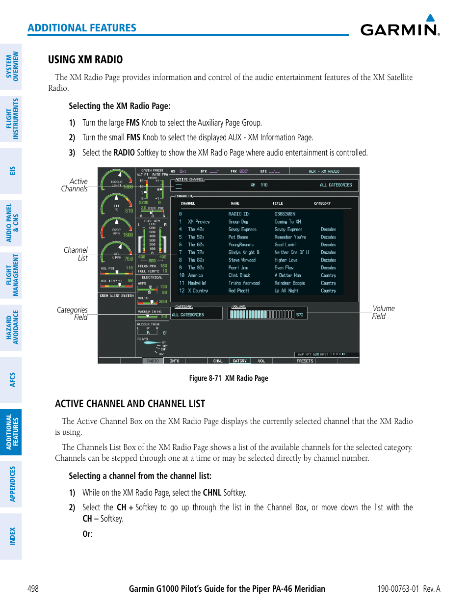 Using xm radio, Additional features, Active channel and channel list | Garmin G1000 Piper PA-46 Meridian User Manual | Page 512 / 572