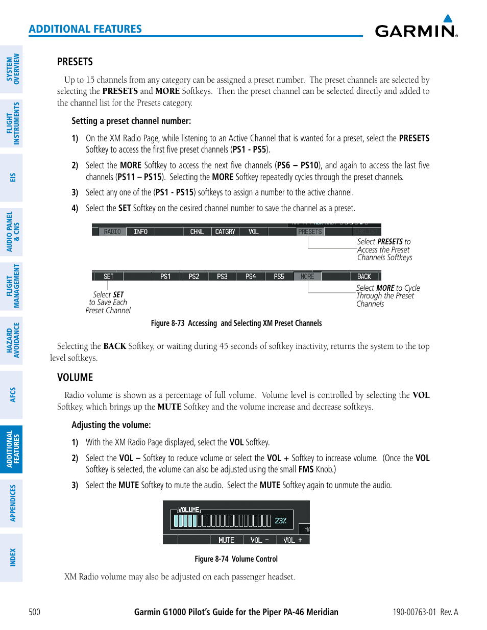 Additional features, Presets, Volume | Garmin G1000 Piper PA-46 Meridian User Manual | Page 514 / 572