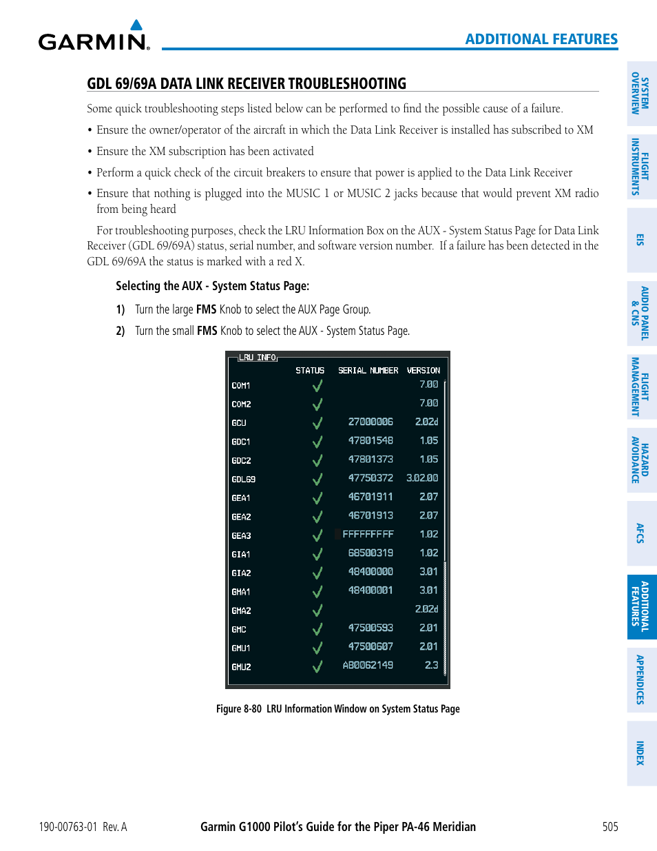 Gdl 69/69a data link receiver troubleshooting, Additional features | Garmin G1000 Piper PA-46 Meridian User Manual | Page 519 / 572
