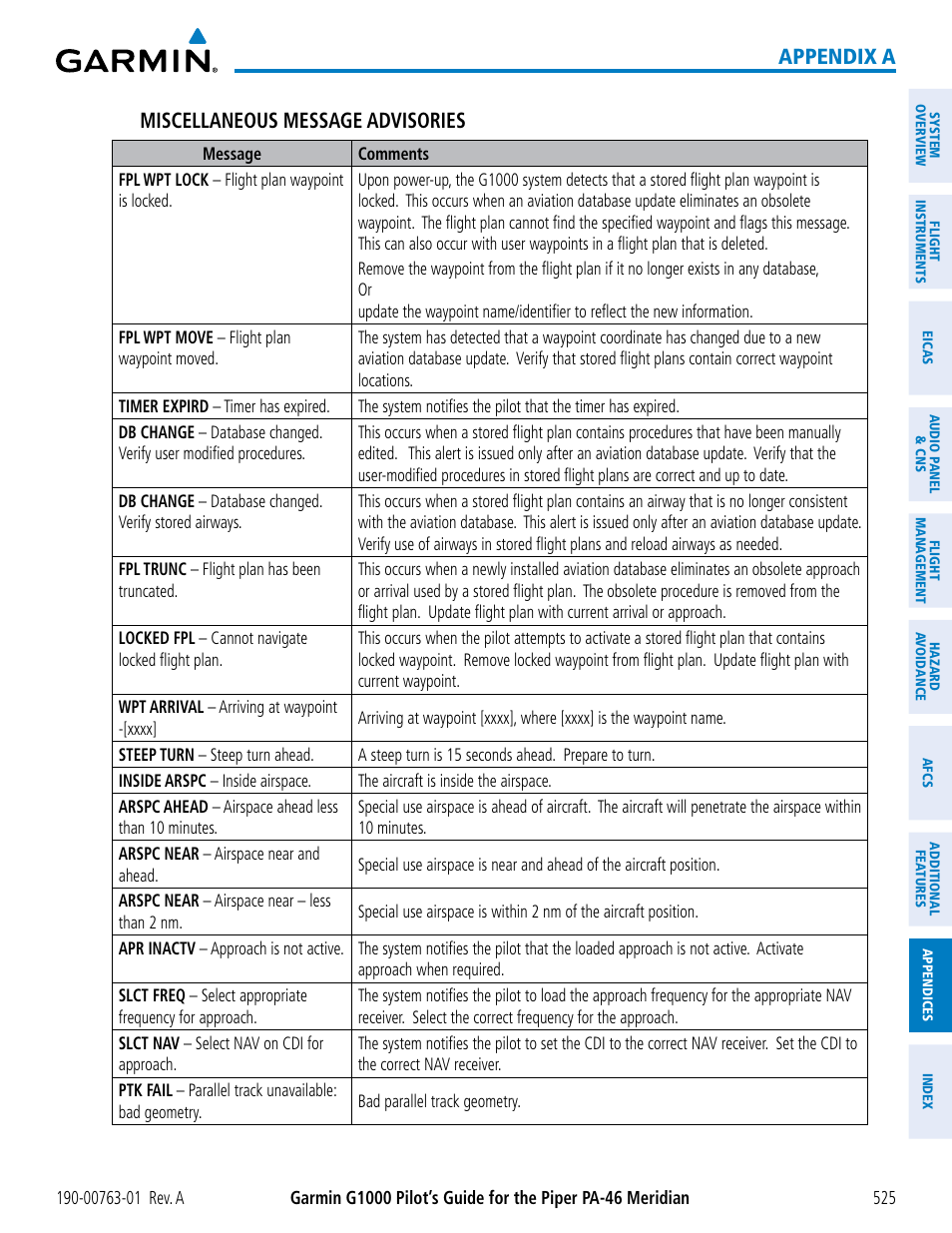 Appendix a miscellaneous message advisories | Garmin G1000 Piper PA-46 Meridian User Manual | Page 539 / 572