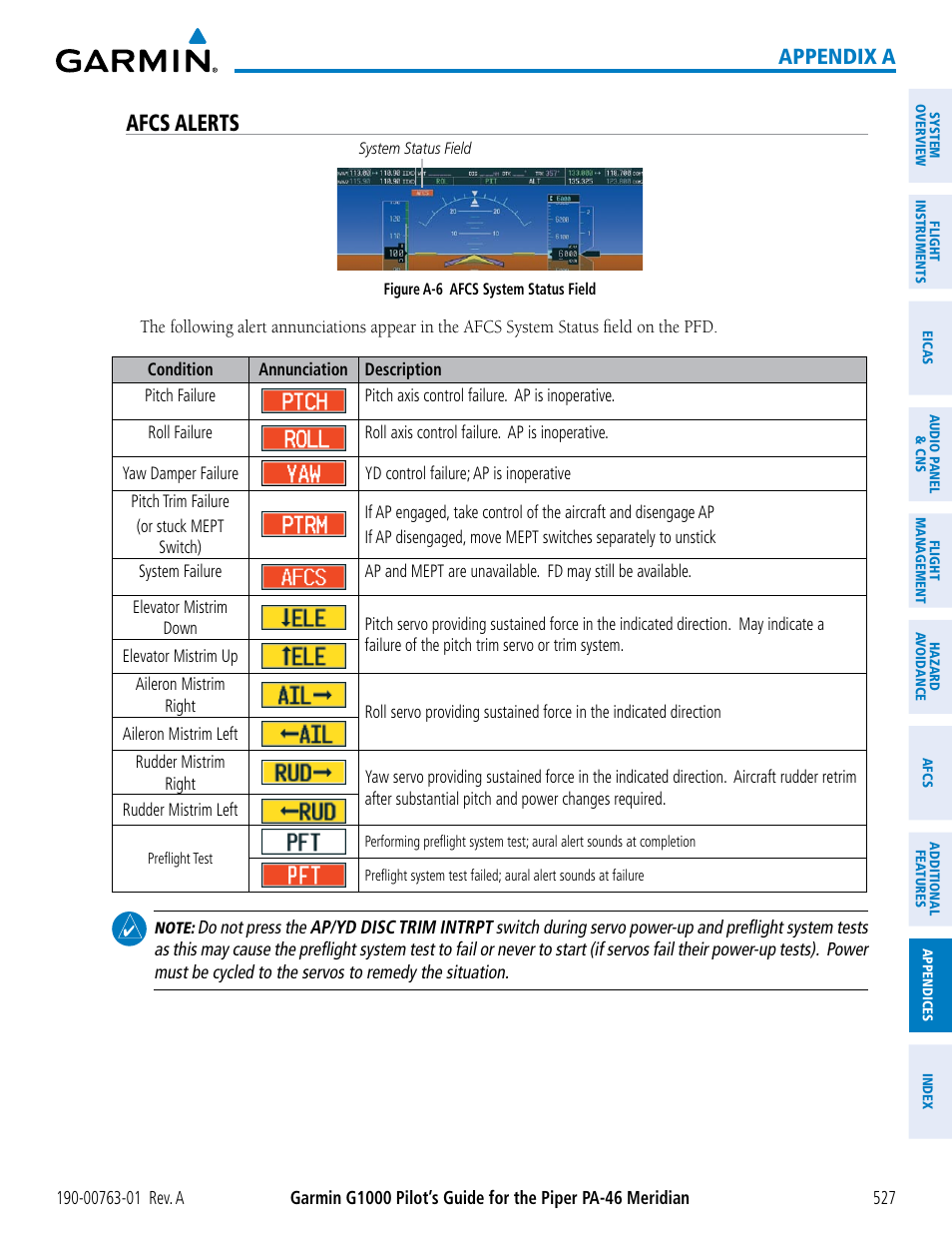 Afcs alerts, Appendix a | Garmin G1000 Piper PA-46 Meridian User Manual | Page 541 / 572