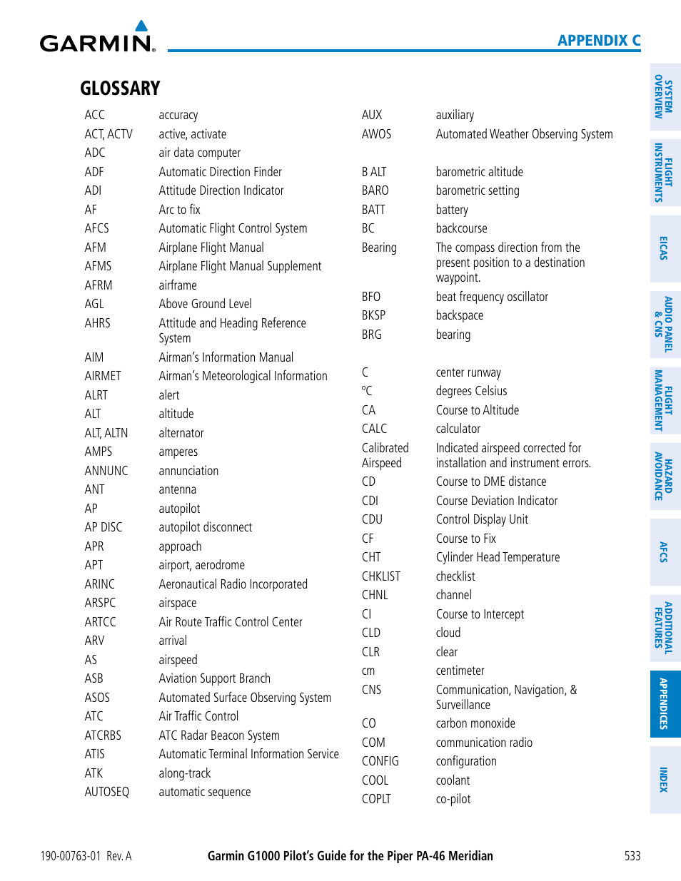 Glossary | Garmin G1000 Piper PA-46 Meridian User Manual | Page 547 / 572