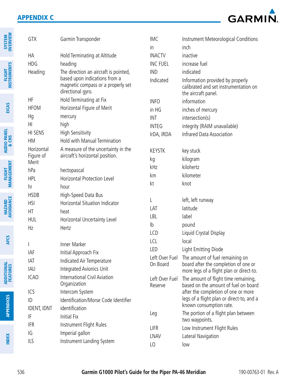 Appendix c | Garmin G1000 Piper PA-46 Meridian User Manual | Page 550 / 572