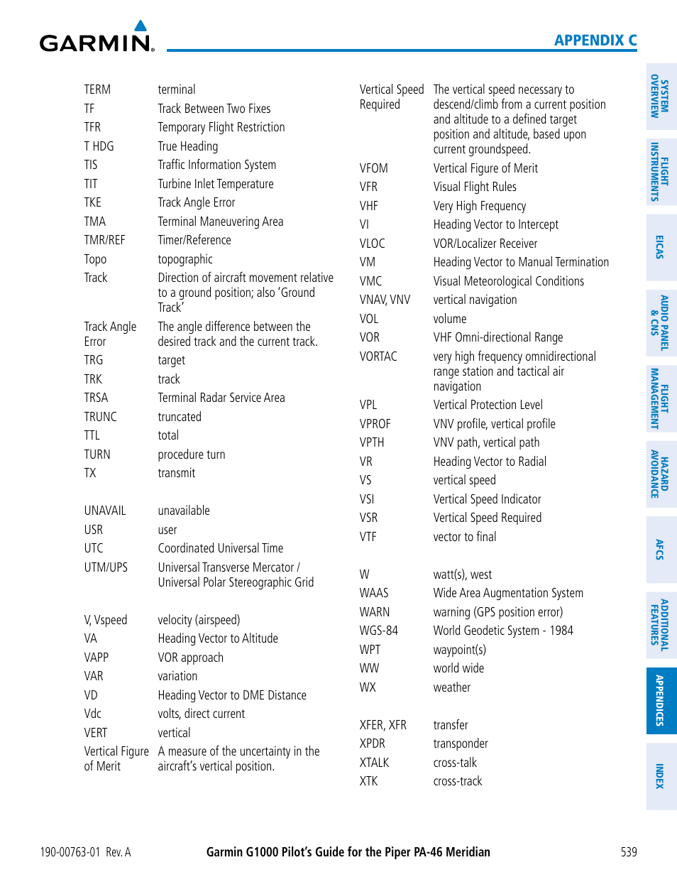 Appendix c | Garmin G1000 Piper PA-46 Meridian User Manual | Page 553 / 572