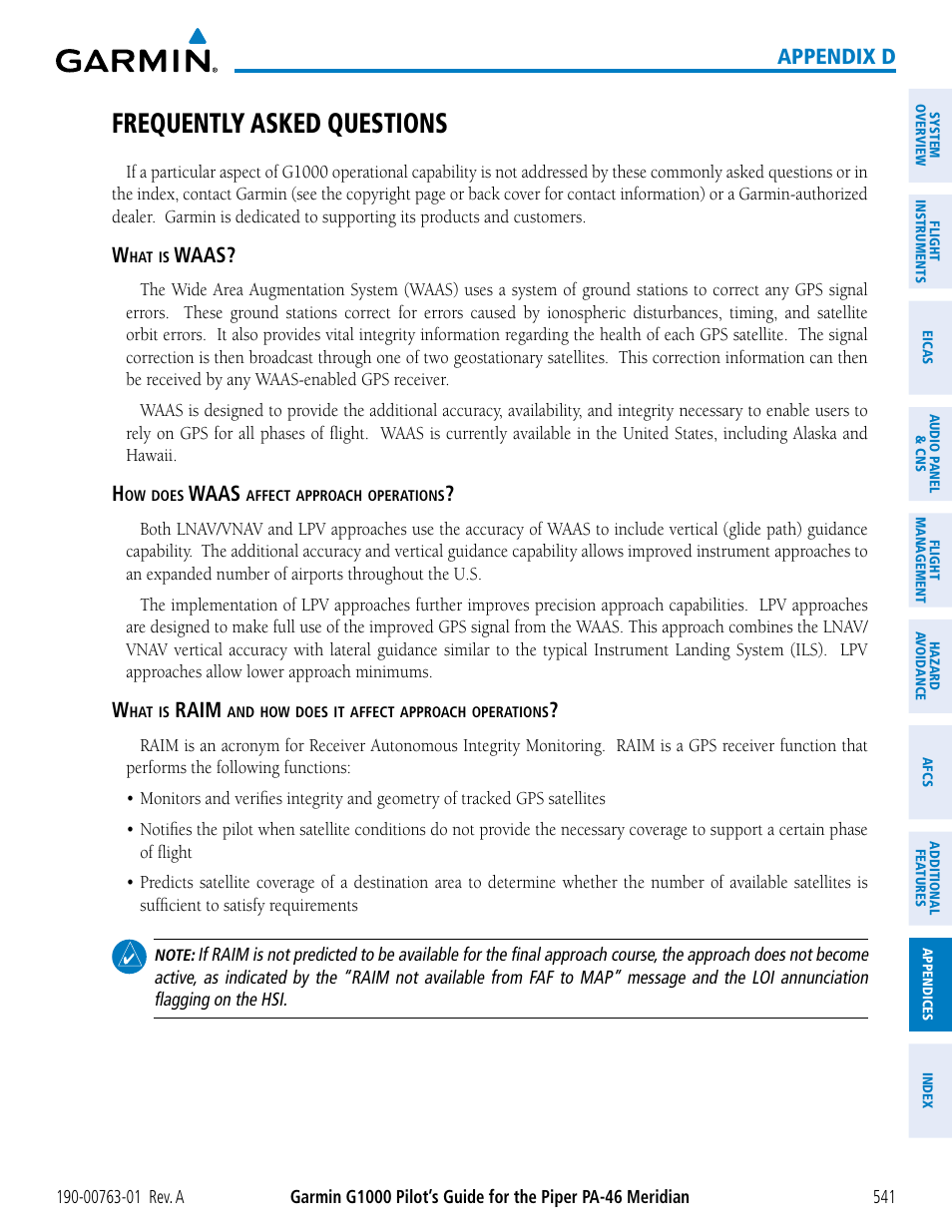 Frequently asked questions, Appendix d, Waas | Raim | Garmin G1000 Piper PA-46 Meridian User Manual | Page 555 / 572