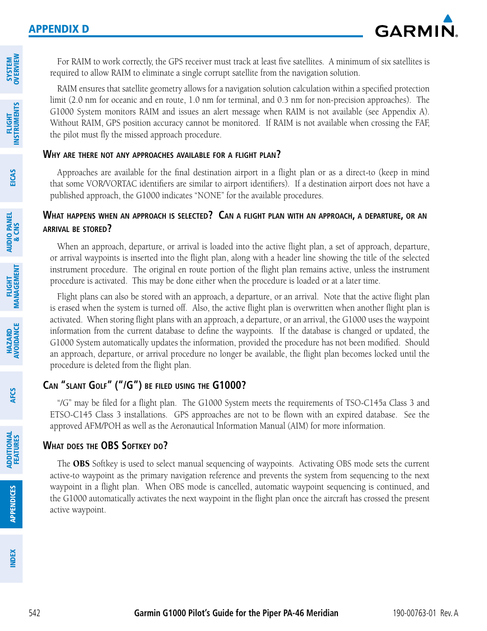 Appendix d, G1000, Obs s | Garmin G1000 Piper PA-46 Meridian User Manual | Page 556 / 572