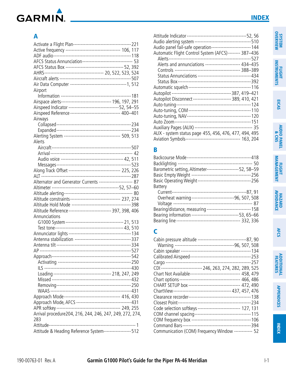 Index | Garmin G1000 Piper PA-46 Meridian User Manual | Page 565 / 572