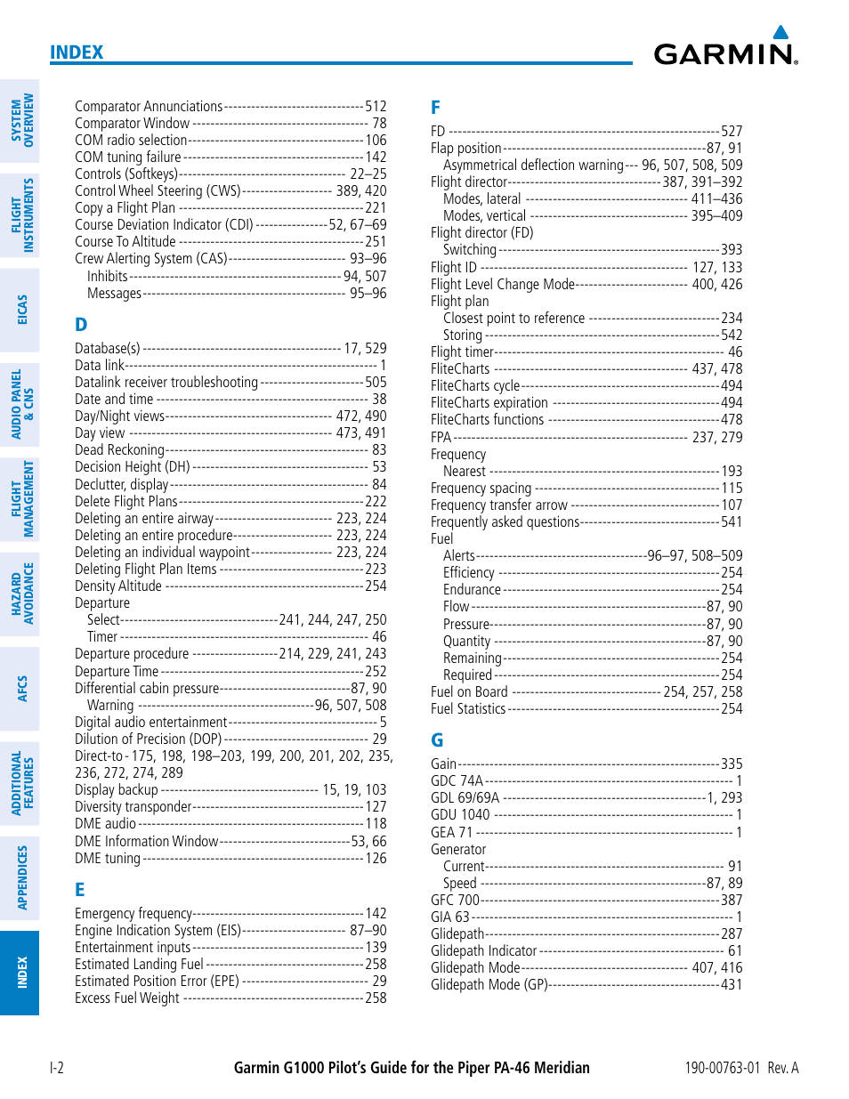 Index | Garmin G1000 Piper PA-46 Meridian User Manual | Page 566 / 572