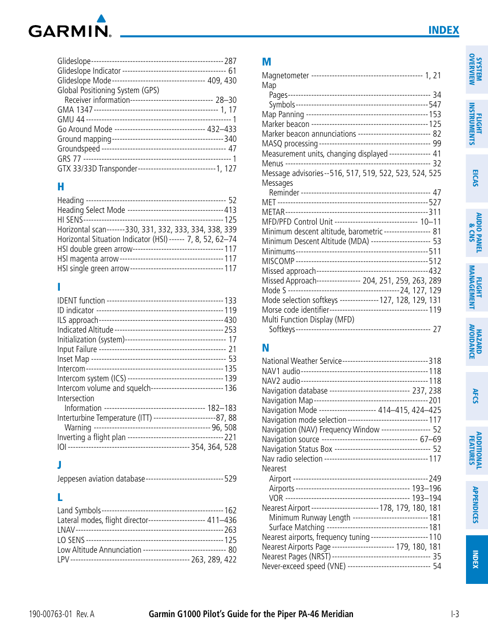 Index | Garmin G1000 Piper PA-46 Meridian User Manual | Page 567 / 572