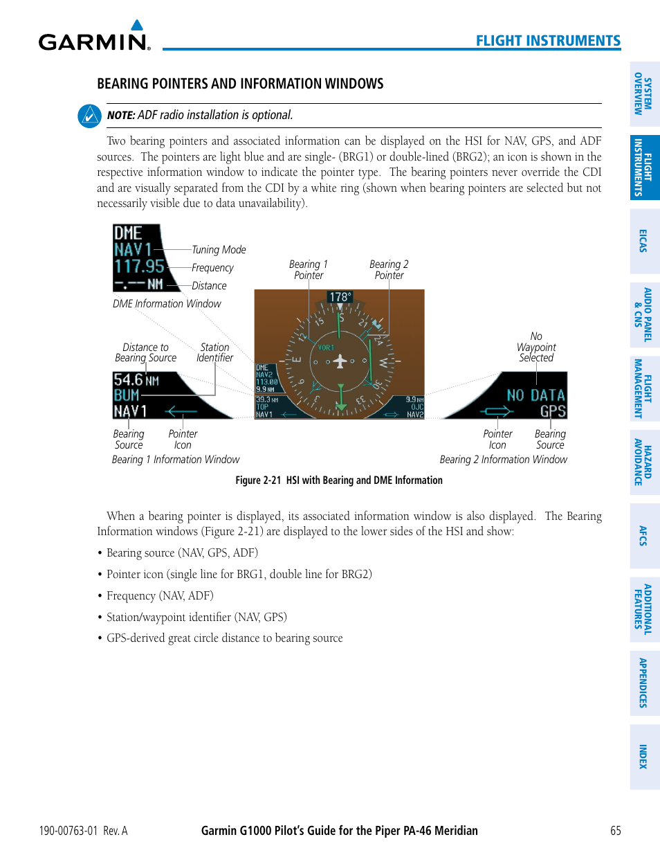 Flight instruments, Bearing pointers and information windows | Garmin G1000 Piper PA-46 Meridian User Manual | Page 79 / 572
