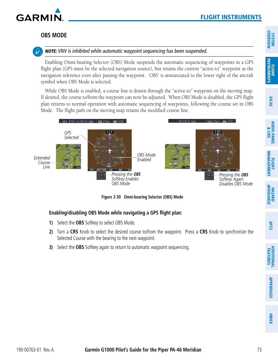Flight instruments, Obs mode | Garmin G1000 Piper PA-46 Meridian User Manual | Page 87 / 572