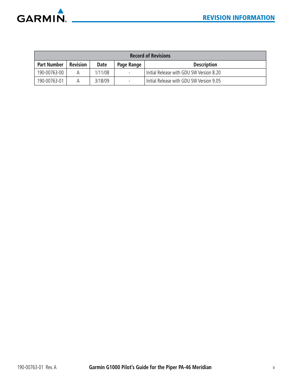 Revision information | Garmin G1000 Piper PA-46 Meridian User Manual | Page 9 / 572