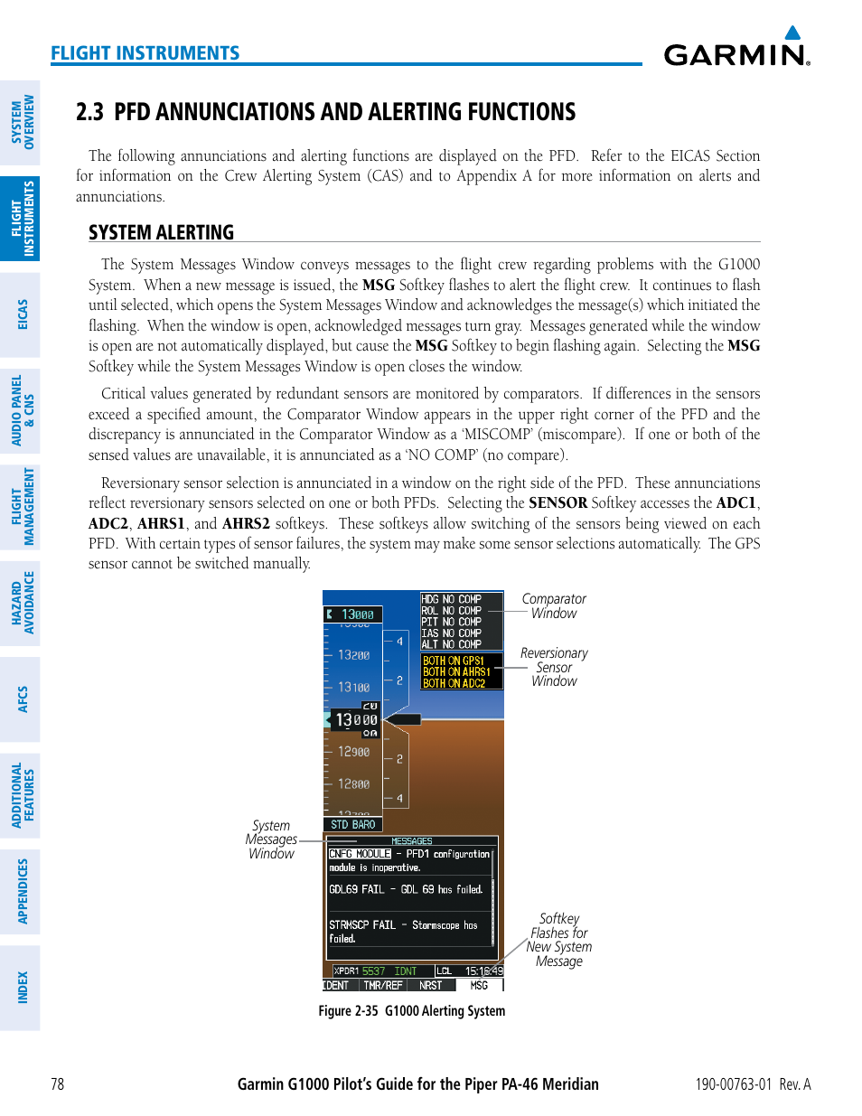 3 pfd annunciations and alerting functions, System alerting, Flight instruments | Garmin G1000 Piper PA-46 Meridian User Manual | Page 92 / 572