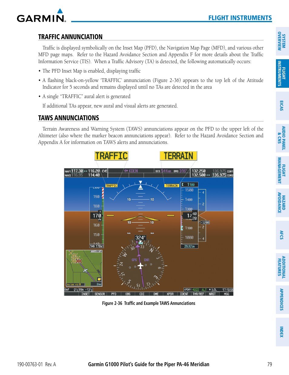 Traffic annunciation, Taws annunciations, Flight instruments | Garmin G1000 Piper PA-46 Meridian User Manual | Page 93 / 572