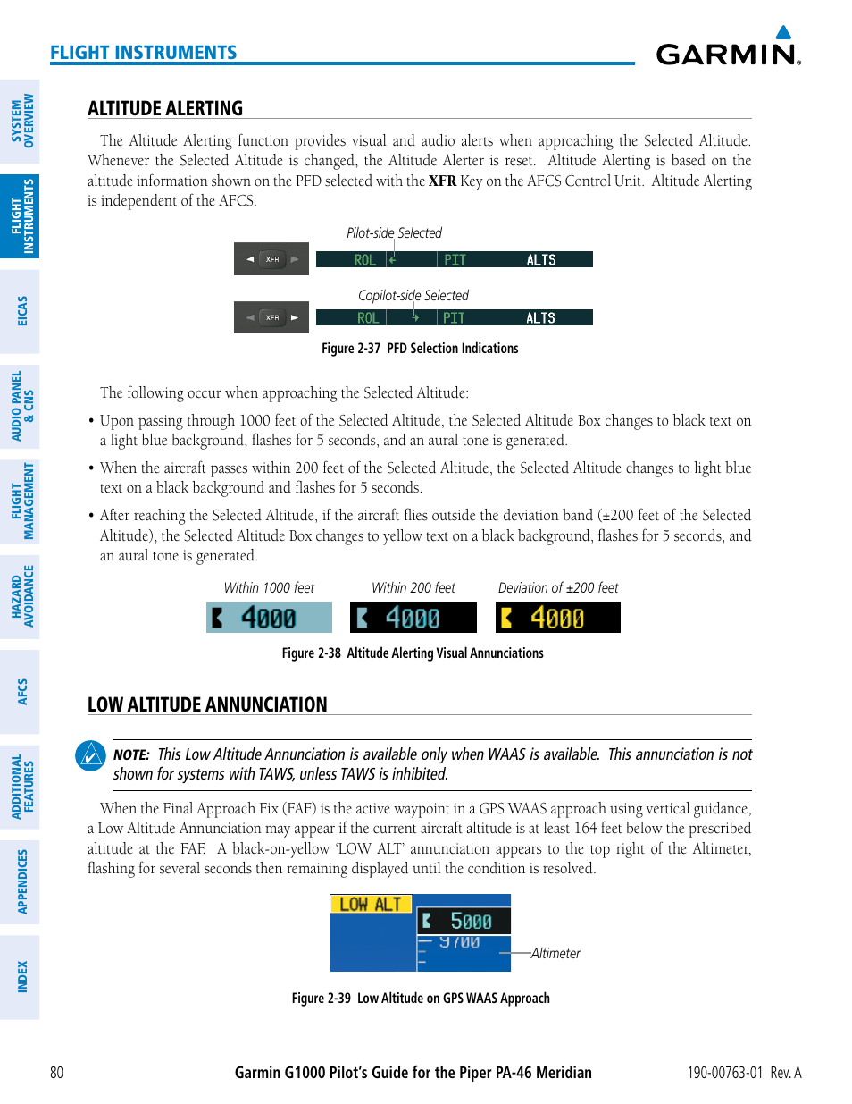 Altitude alerting, Low altitude annunciation, Flight instruments | Garmin G1000 Piper PA-46 Meridian User Manual | Page 94 / 572