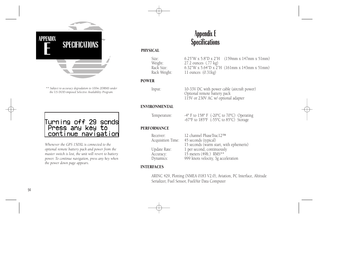 Specifications, Appendix e specifications | Garmin GPS 150XL User Manual | Page 104 / 112