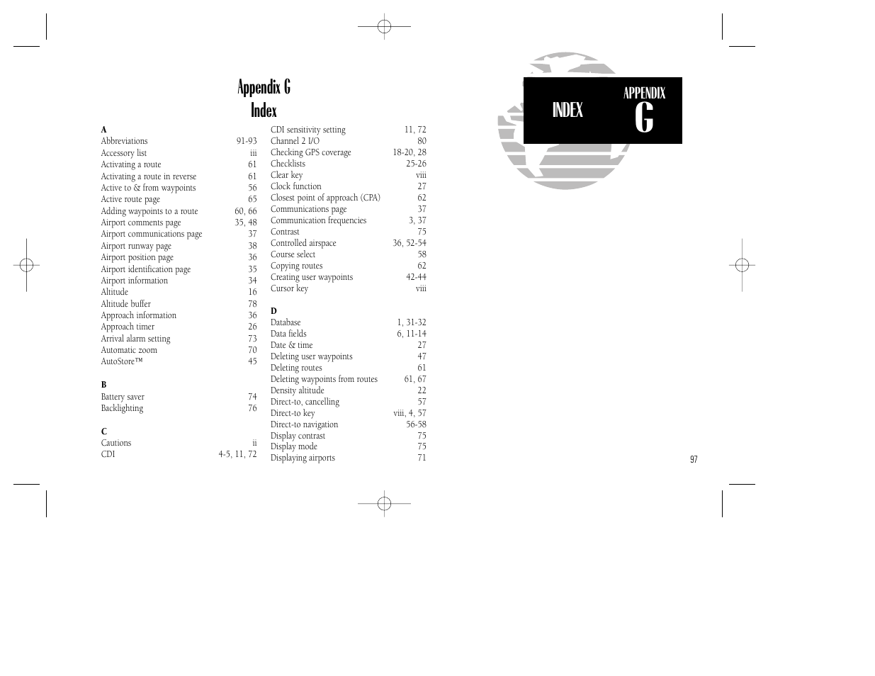 Index, Appendix g index, Appendix | Garmin GPS 150XL User Manual | Page 107 / 112