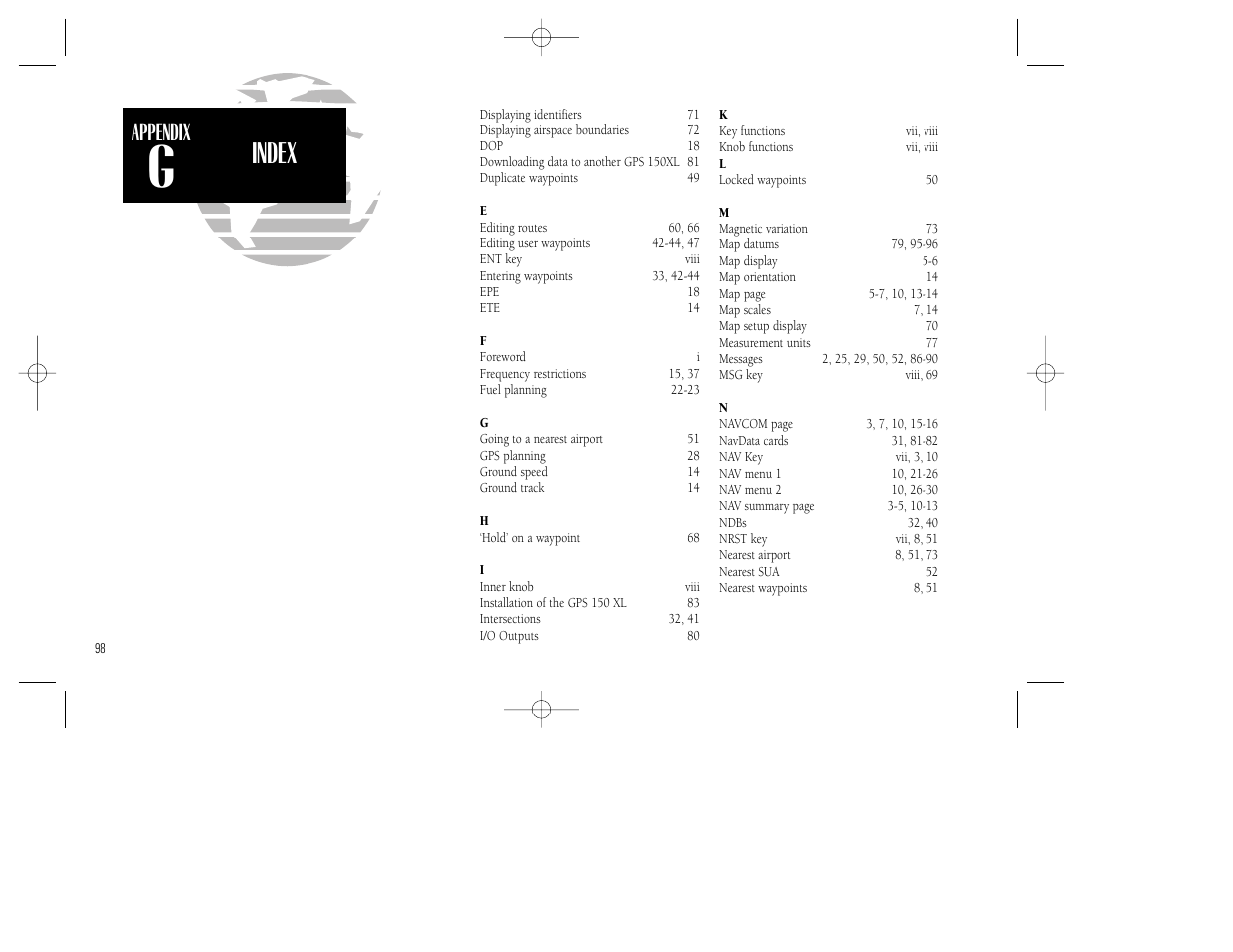 Index, Appendix | Garmin GPS 150XL User Manual | Page 108 / 112