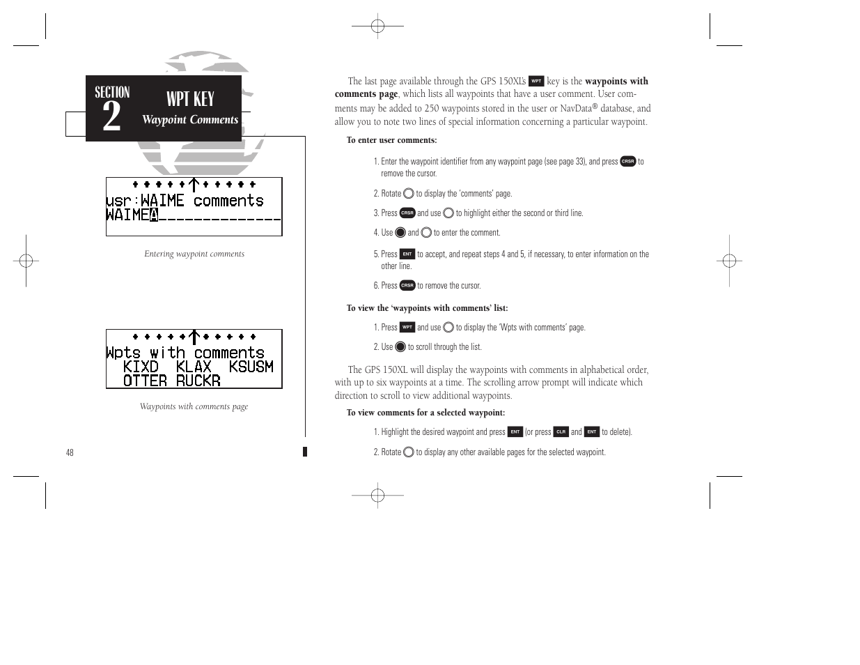 Wpt key | Garmin GPS 150XL User Manual | Page 58 / 112
