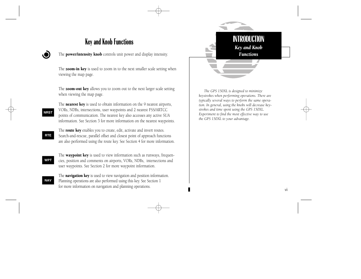 Key and knob functions b, Introduction | Garmin GPS 150XL User Manual | Page 9 / 112