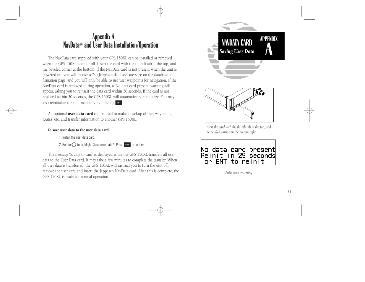 Navdata card, Appendix a navdata, And user data installation/operation | Garmin GPS 150XL User Manual | Page 91 / 112