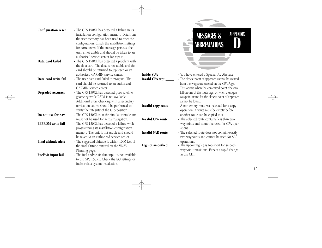 Messages & abbreviations, Appendix | Garmin GPS 150XL User Manual | Page 97 / 112