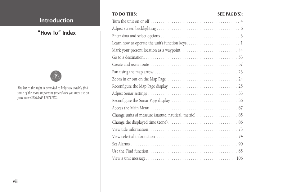 How to” index | Garmin GPSMAP 178C Sounder User Manual | Page 10 / 134