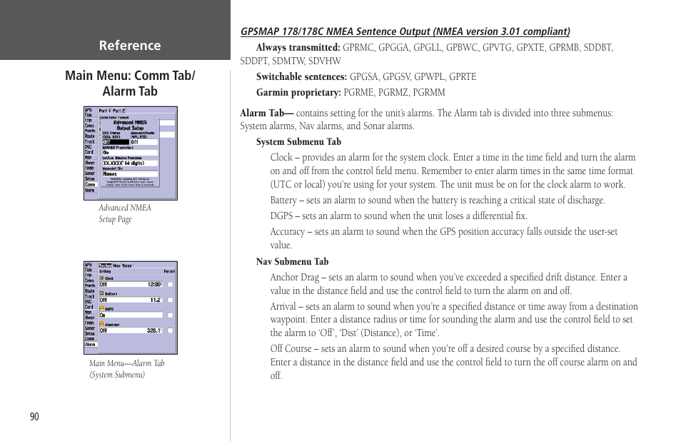 Main menu: comm tab/alarm tab, Alarm tab | Garmin GPSMAP 178C Sounder User Manual | Page 100 / 134