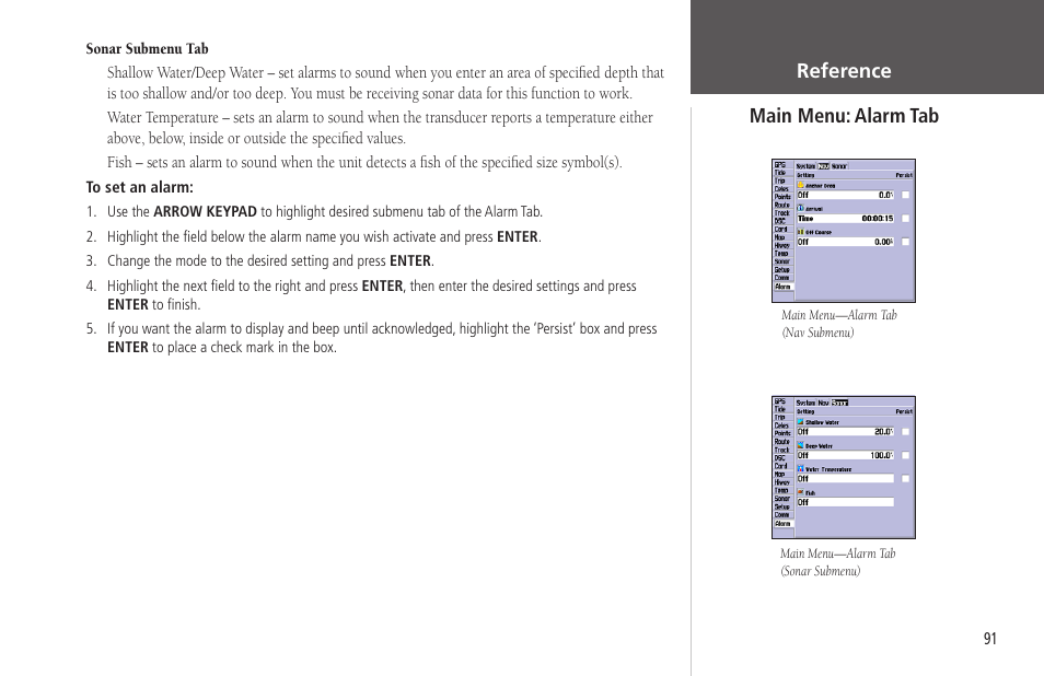 Reference main menu: alarm tab | Garmin GPSMAP 178C Sounder User Manual | Page 101 / 134