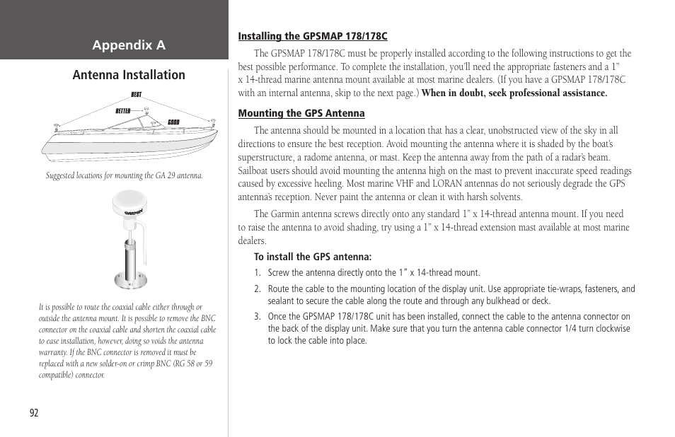 Antenna installation, Appendix a antenna installation | Garmin GPSMAP 178C Sounder User Manual | Page 102 / 134