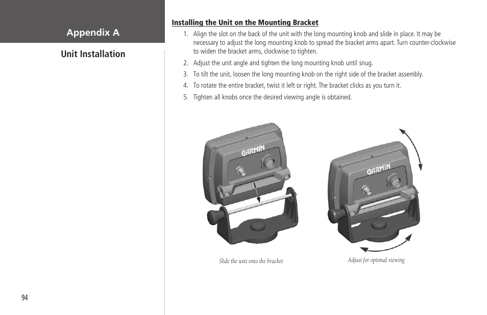 Appendix a unit installation | Garmin GPSMAP 178C Sounder User Manual | Page 104 / 134