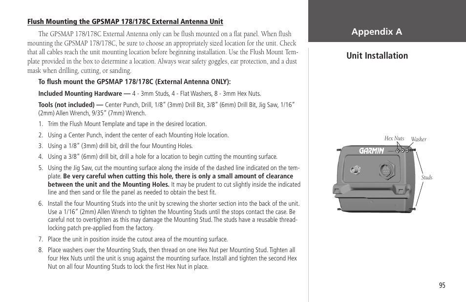 Appendix a unit installation | Garmin GPSMAP 178C Sounder User Manual | Page 105 / 134