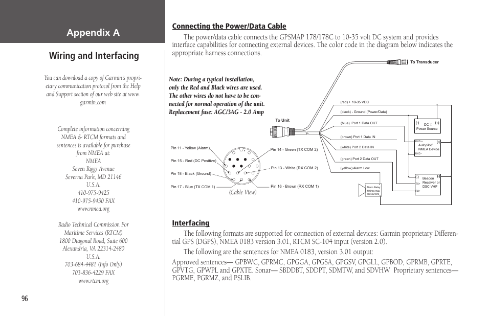 Appendix a wiring and interfacing, Connecting the power/data cable, Interfacing | Garmin GPSMAP 178C Sounder User Manual | Page 106 / 134