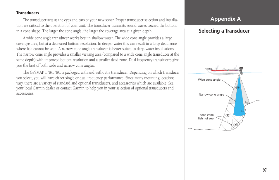 Selecting a transducer appendix a, Transducers | Garmin GPSMAP 178C Sounder User Manual | Page 107 / 134